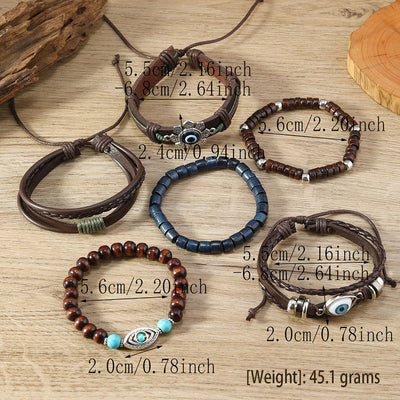 Olivenorma 6Pcs Evil Eye Turquoise Leather Wristband Bracelet Set