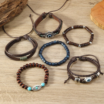 Olivenorma 6Pcs Evil Eye Turquoise Leather Wristband Bracelet Set