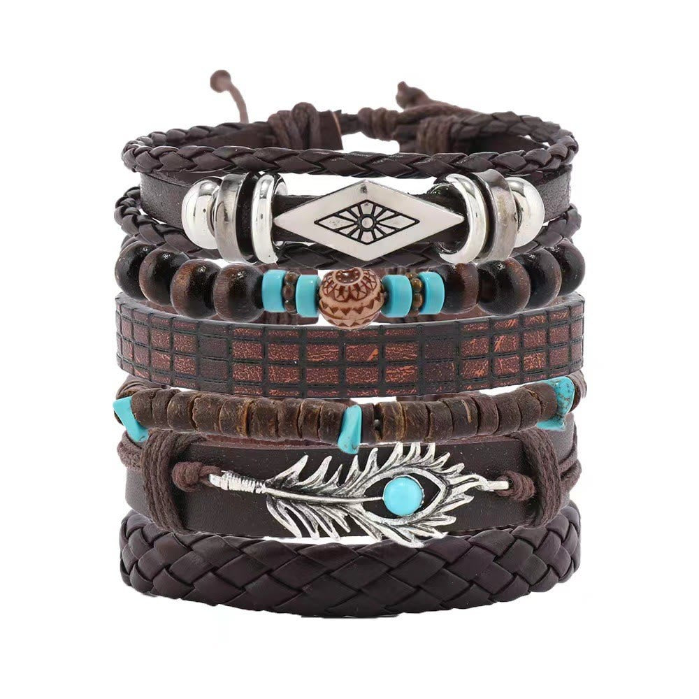 Olivenorma Feather Natural Stone Handmade Woven Leather Bracelet Set