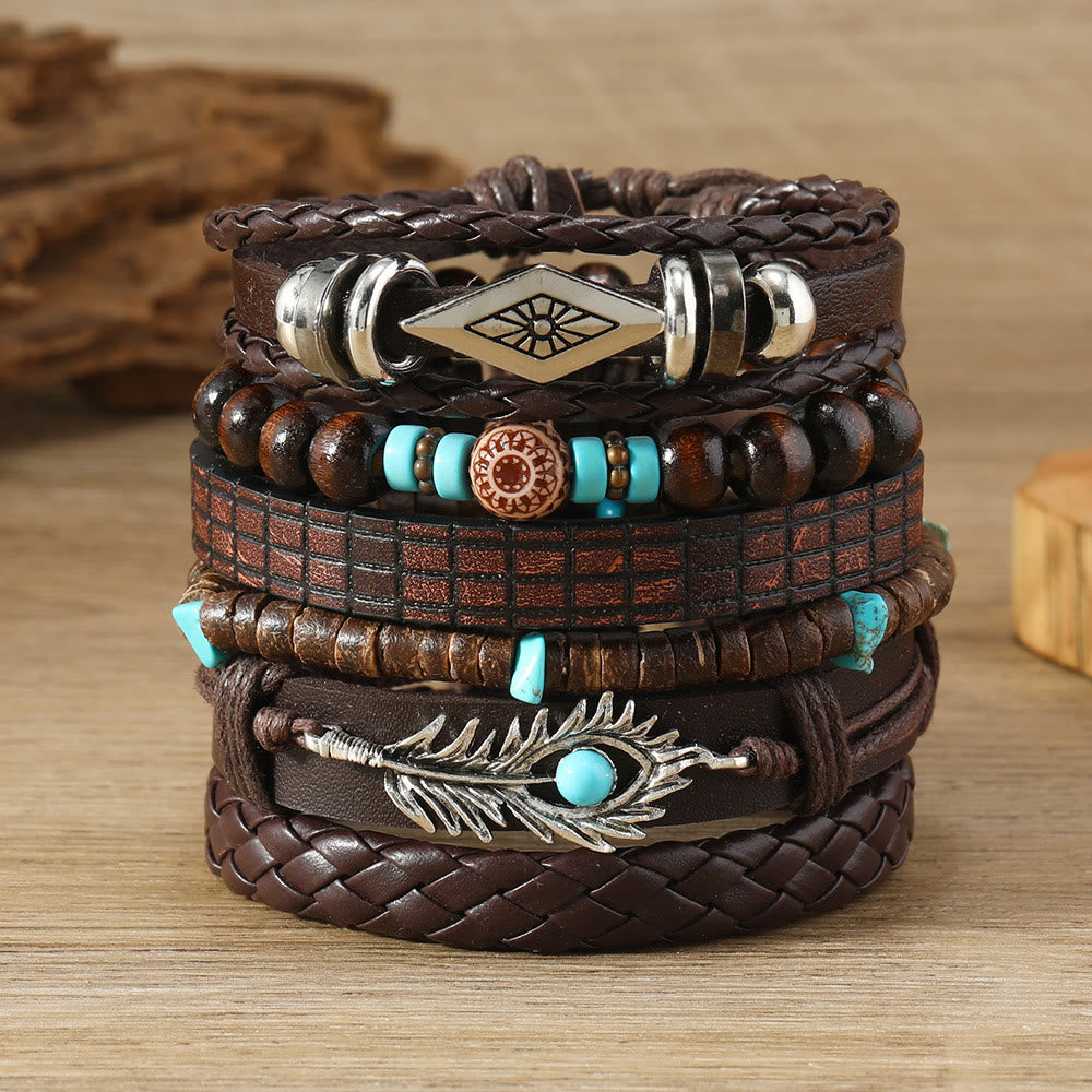 Olivenorma Feather Natural Stone Handmade Woven Leather Bracelet Set