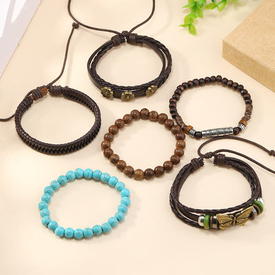 Olivenorma Butterfly Turquoise Handmade Woven Leather Bracelet Set