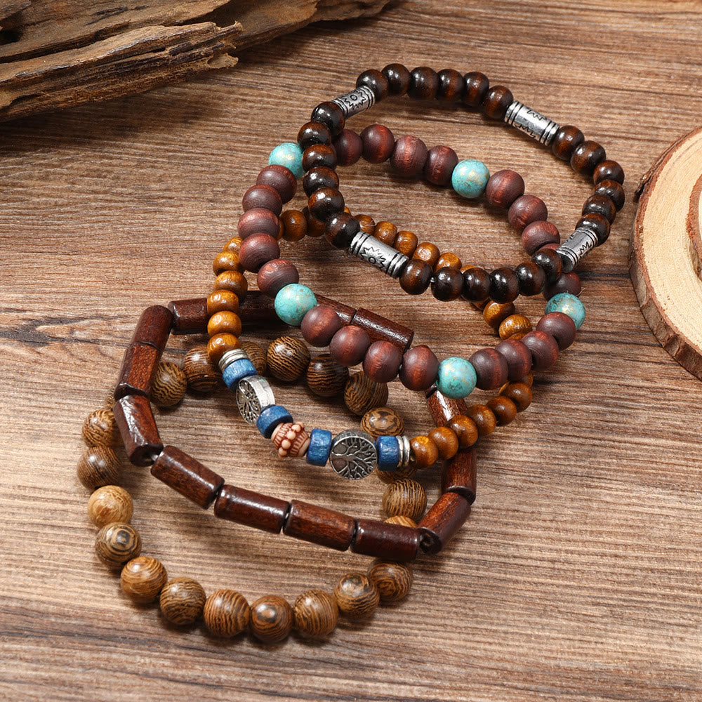 Olivenorma Tree of Peace Wooden Beads Turquoise Beaded Bracelet