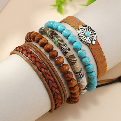 Olivenorma Multi-Layer Wooden Beads Turquoise Braided Bracelet