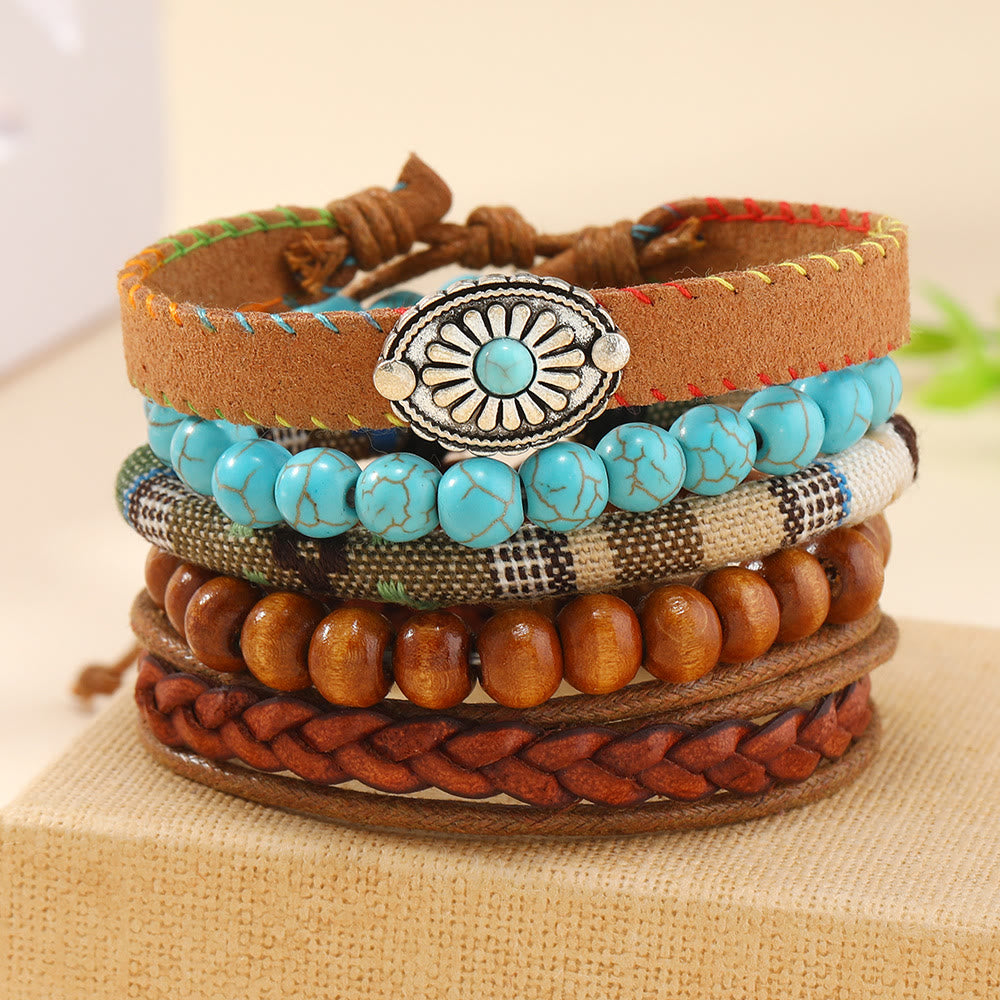 Olivenorma Multi-Layer Wooden Beads Turquoise Braided Bracelet