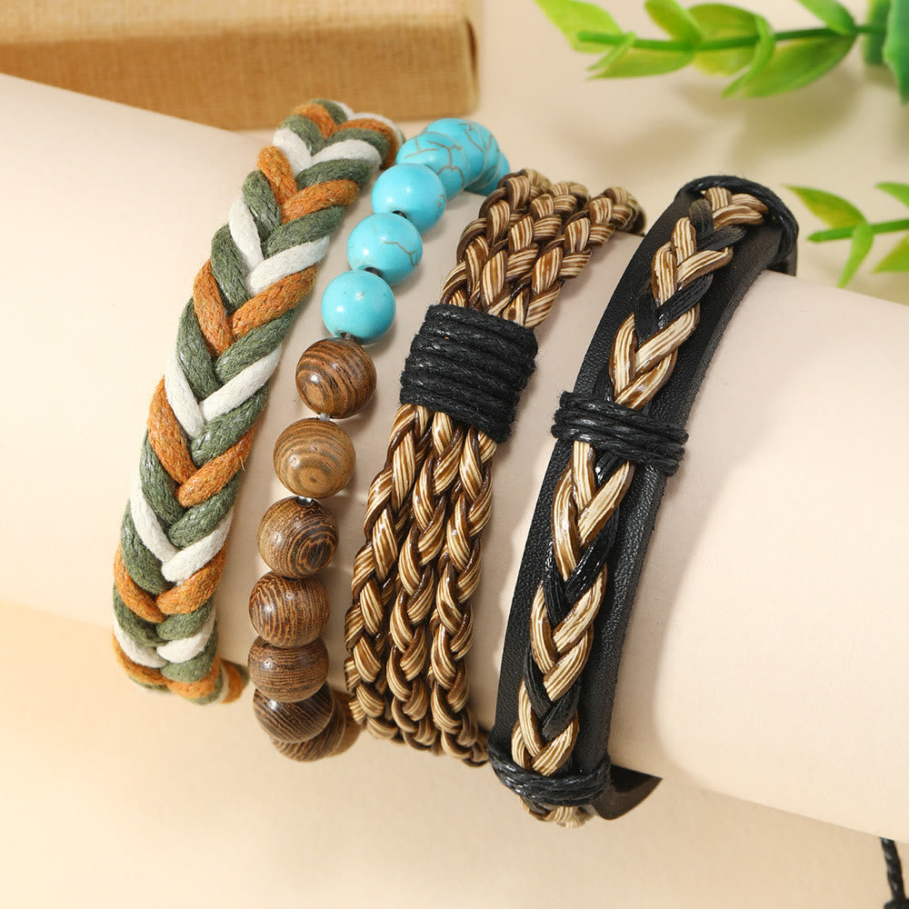 Olivenorma 4Pcs Wenge Wood Green Turquoise Braided Leather Bracelet