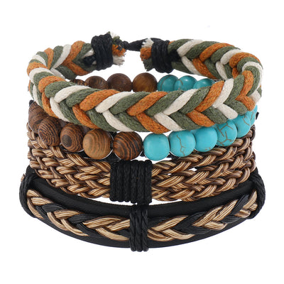 Olivenorma 4Pcs Wenge Wood Green Turquoise Braided Leather Bracelet