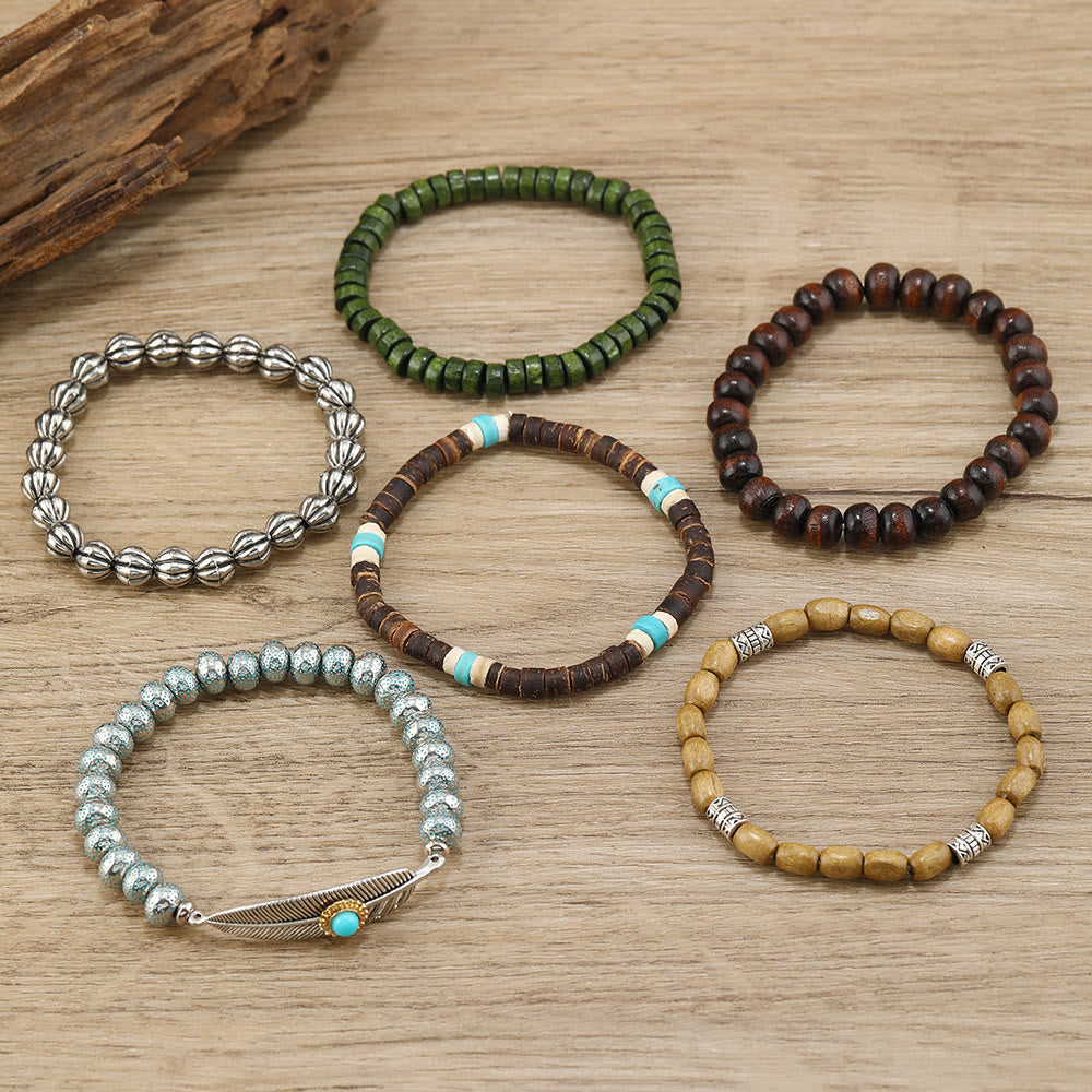 Olivenorma Feather Wooden Beads Turquoise Beaded Bracelet Set