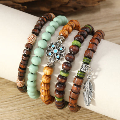 Olivenorma Bohemian Feather Charms Wooden Beads Stackable Bracelets