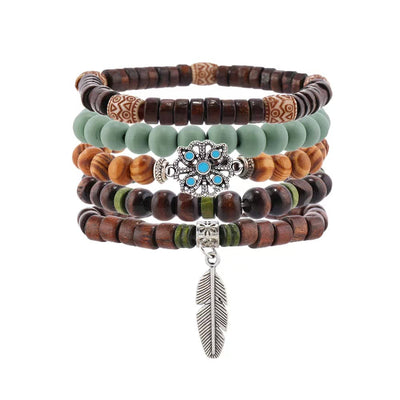 Olivenorma Bohemian Feather Charms Wooden Beads Stackable Bracelets