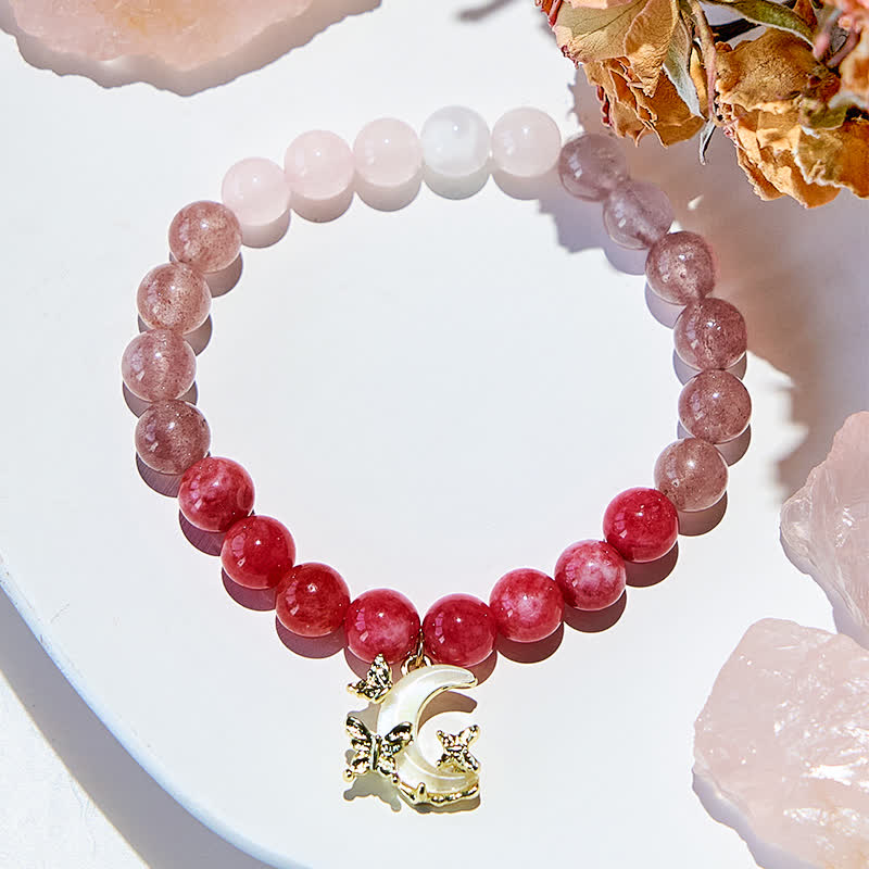 Olivenorma Natural Pink Crystal Beads Moon Pendant Bracelet