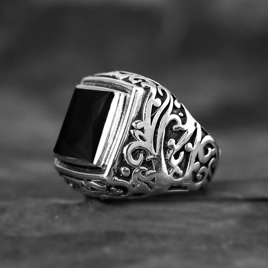 Olivenorma Engraved Tree of Life Faceted Black Onyx Ring