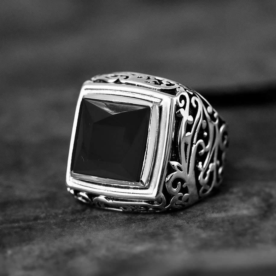 Olivenorma Engraved Tree of Life Faceted Black Onyx Ring