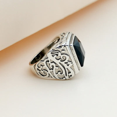 Olivenorma Engraved Tree of Life Faceted Black Onyx Ring