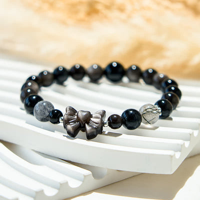 Olivenorma Natural Silver Obsidian Beads Bow Pendant Bracelet