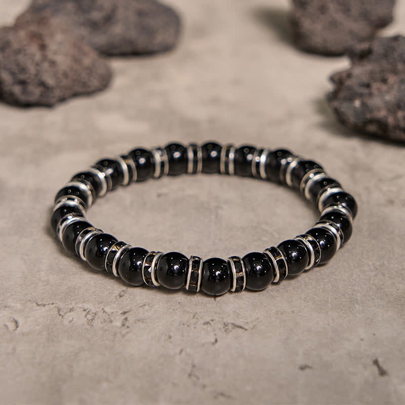 Olivenorma Natural Black Onyx White Zircon Beaded Bracelet