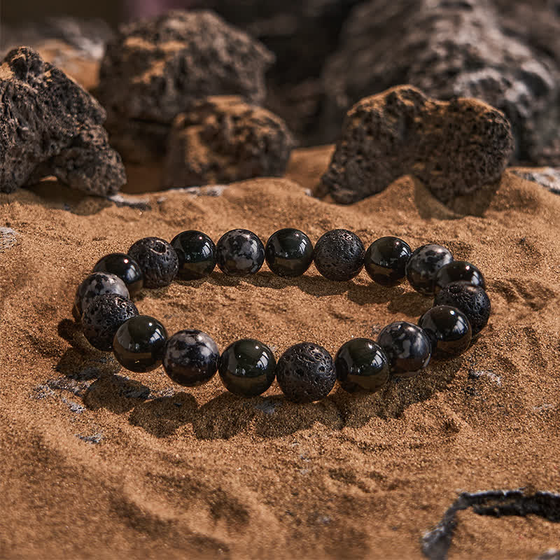 Olivenorma Snowflake Obsidian Lava Stone Beaded Bracelet