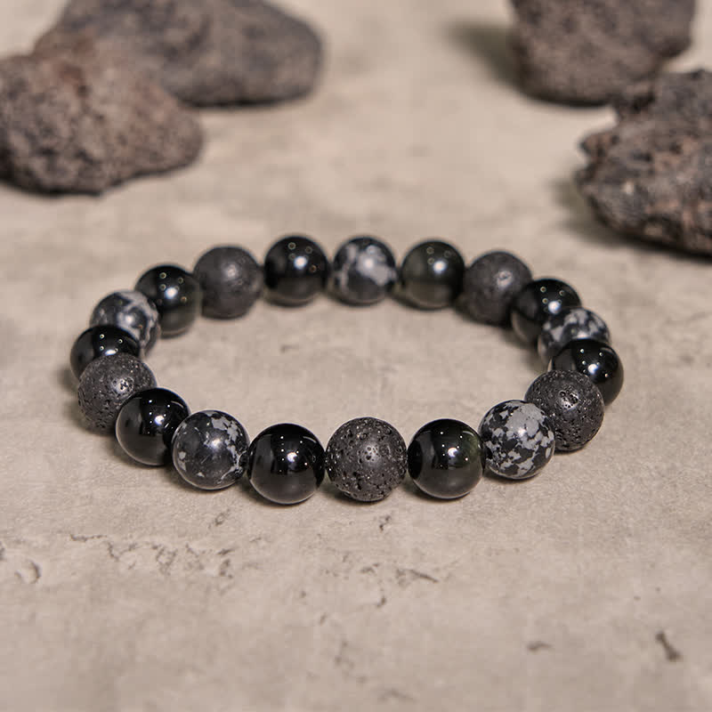 Olivenorma Snowflake Obsidian Lava Stone Beaded Bracelet