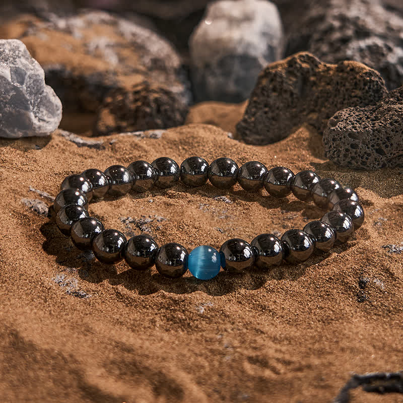 Olivenorma Hematite Blue Cat's Eye Stone Beaded Bracelet