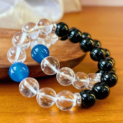 Olivenorma 12cm Obsidian Clear Crystal Sapphire Beaded Bracelet