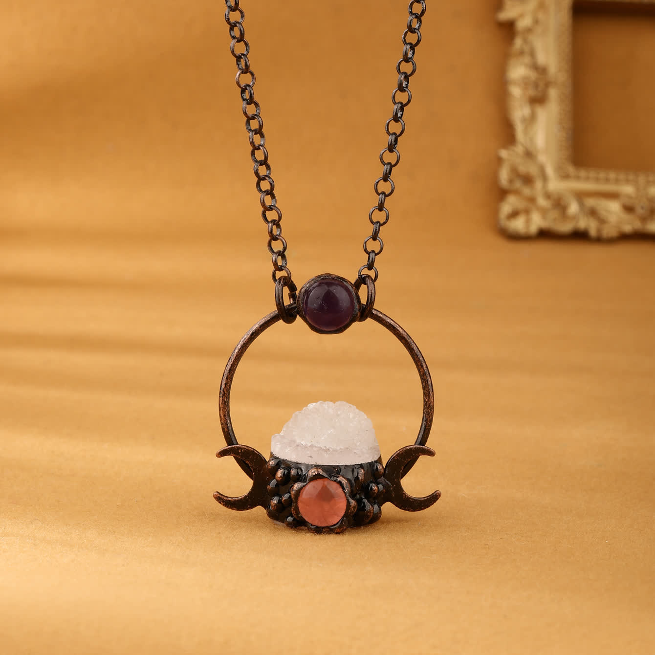 Olivenorma Metal Double Moon Pendant with Clear Quartz Necklace