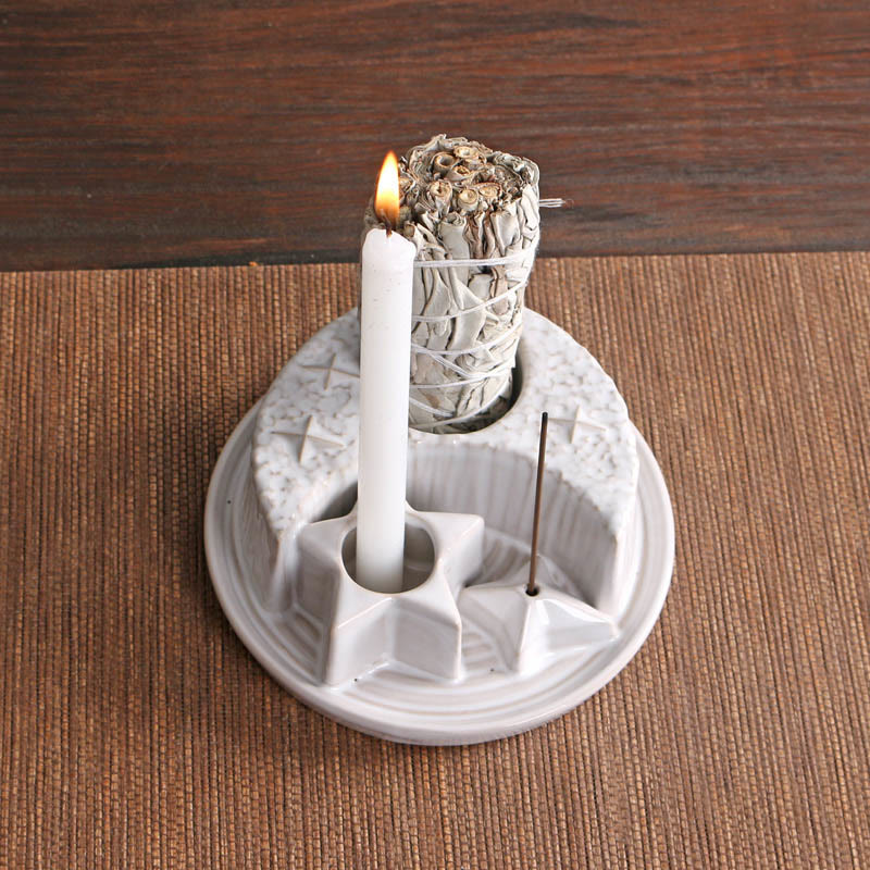 Olivenorma 3-IN-1 Moon and Star Ceramic Sage Incense Holder