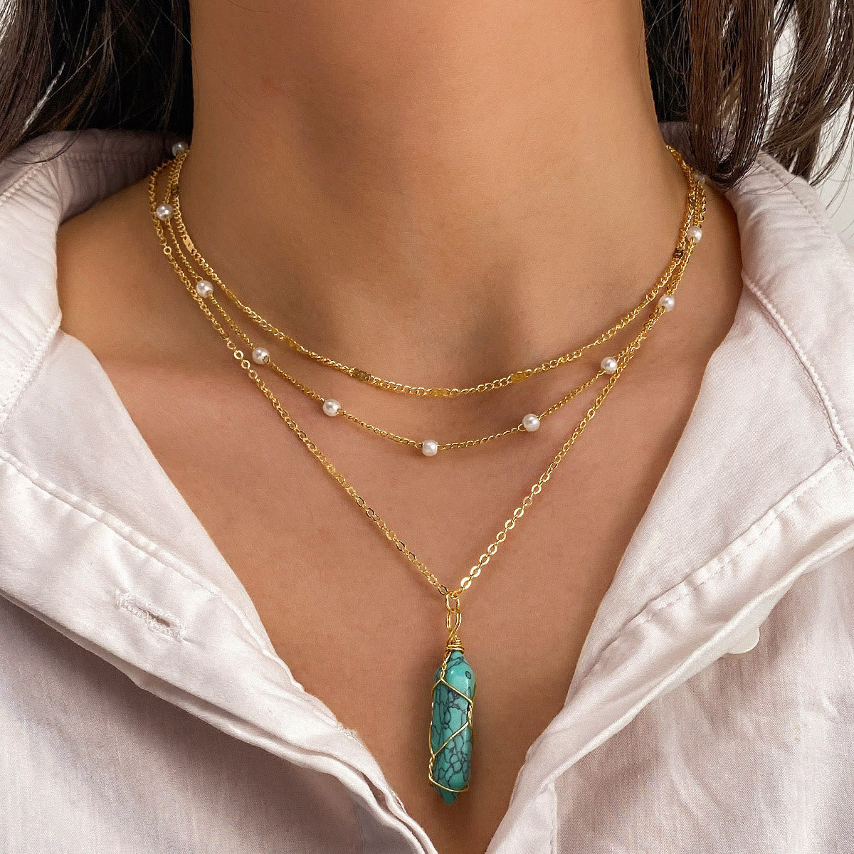 Olivenorma Natural Gemstone Prism Charm Stacked Necklace