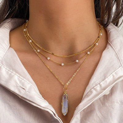 Olivenorma Natural Gemstone Prism Charm Stacked Necklace