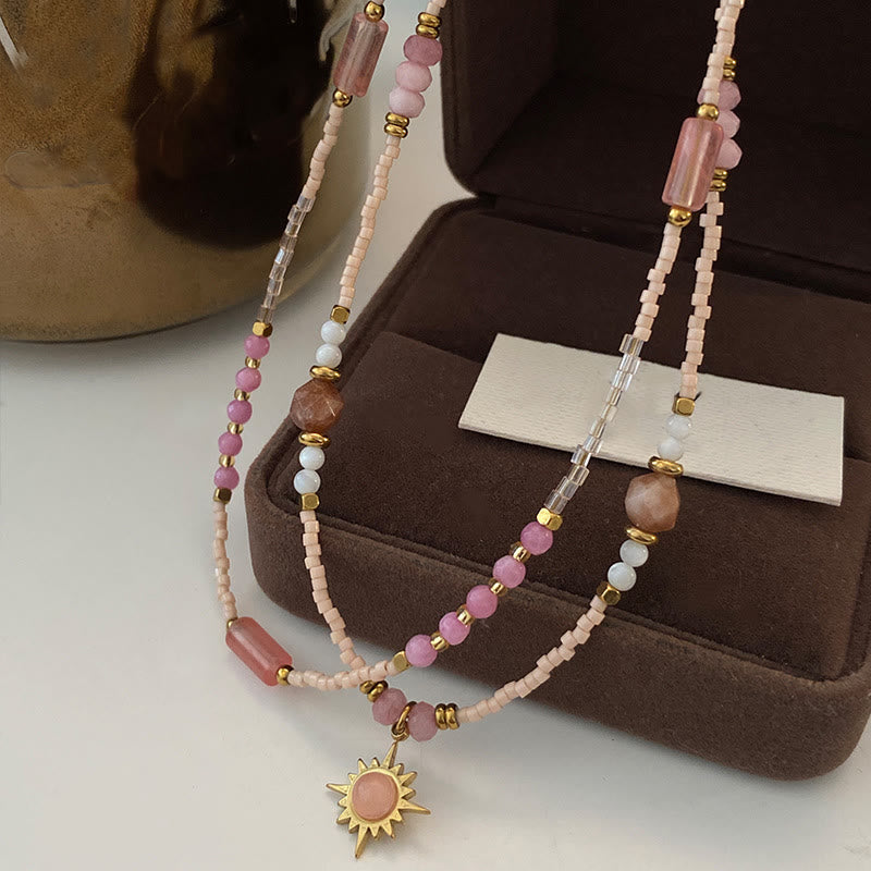 Olivenorma Natural Rhodonite Charm Beaded Necklace