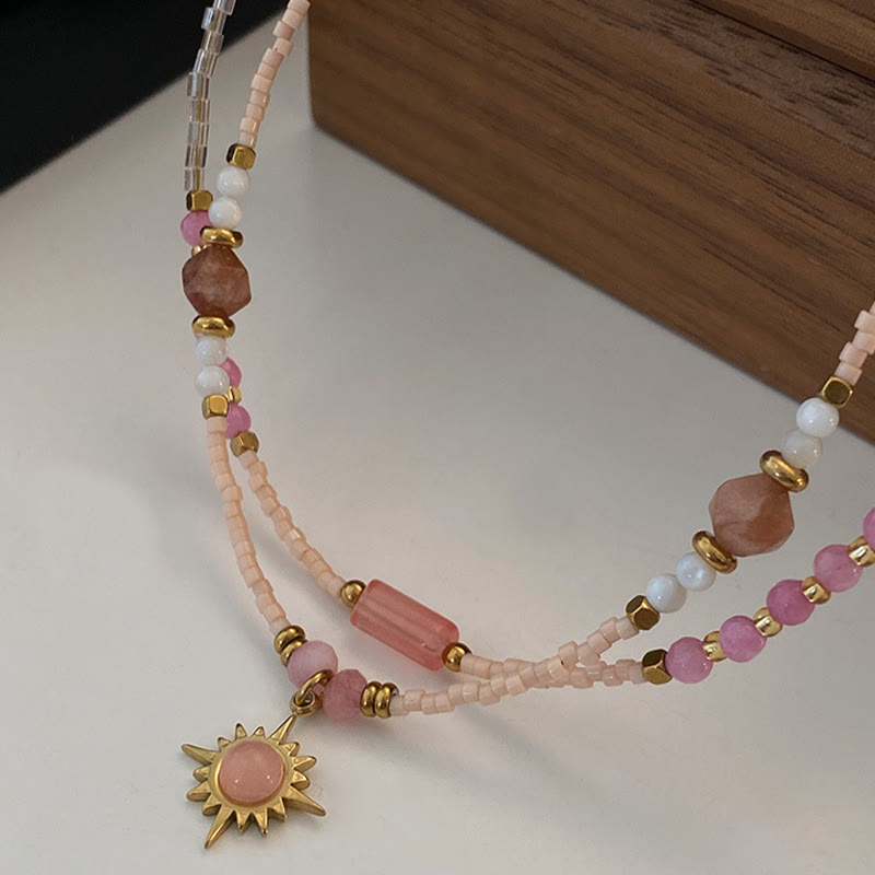 Olivenorma Natural Rhodonite Charm Beaded Necklace