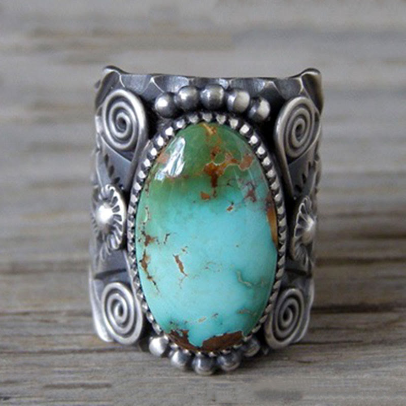 Olivenorma Genuine Oval Turquoise Carved Statement Ring