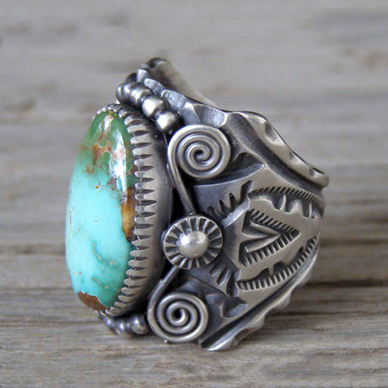 Olivenorma Genuine Oval Turquoise Carved Statement Ring