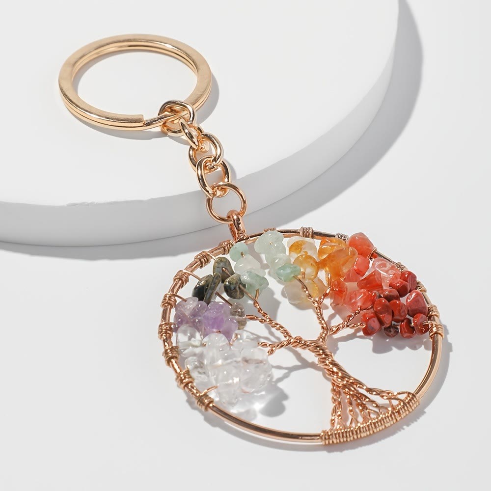 Olivenorma 7 Chakra Gemstone Tree of Life Round Keychain - image 1