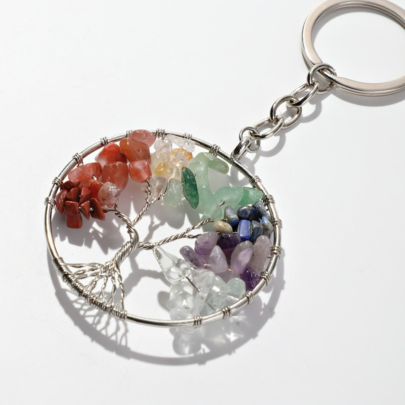 Olivenorma 7 Chakra Gemstone Tree of Life Round Keychain - Silver - image 4