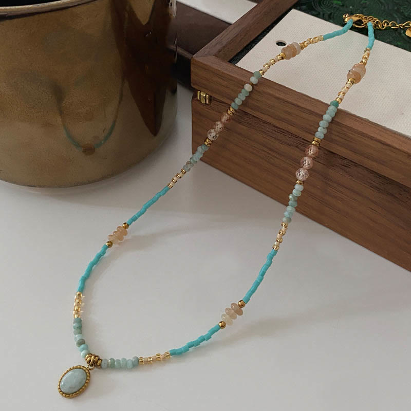 Olivenorma Natural Amazonite Drop Charm Choker Beaded Necklace