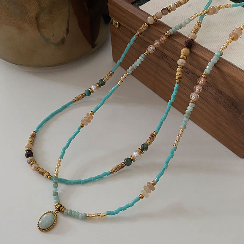 Olivenorma Natural Amazonite Drop Charm Choker Beaded Necklace