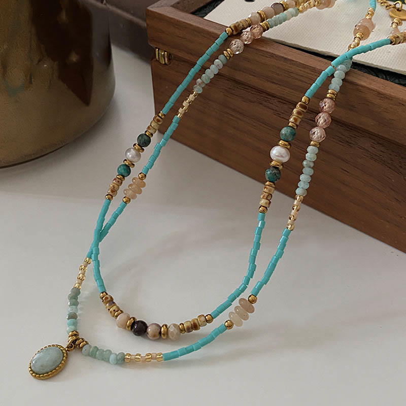 Olivenorma Natural Amazonite Drop Charm Choker Beaded Necklace