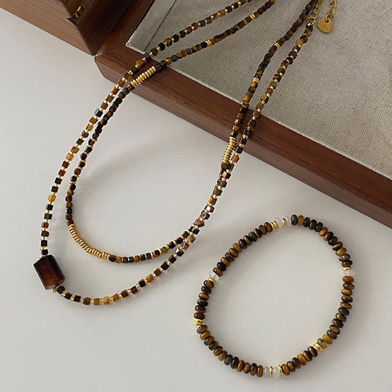 Olivenorma Tiger Eye Stone Beaded Bracelet Necklace Jewelry Set