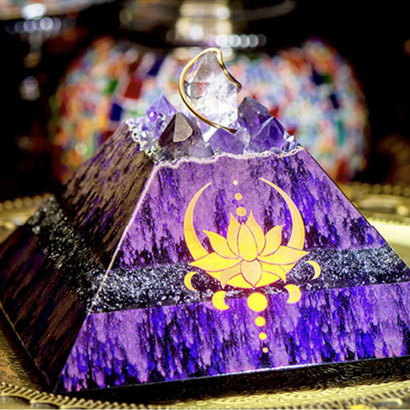 Olivenorma 14cm Lotus Amethyst Energy Spire Orgone Pyramid