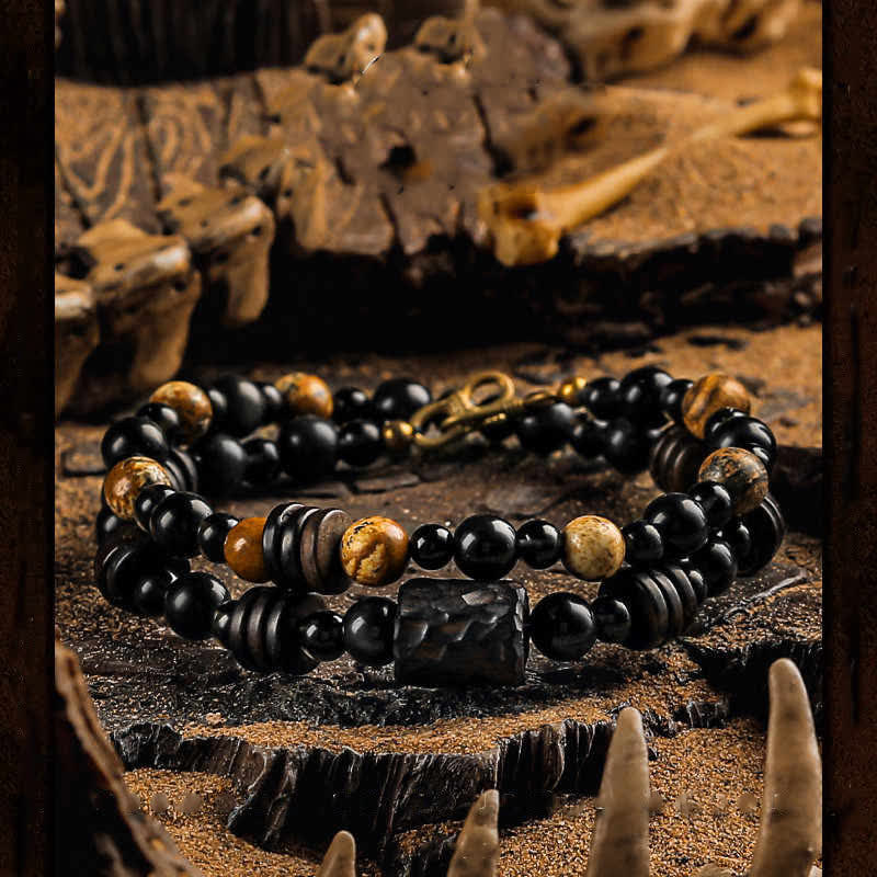 Olivenorma Obsidian Picture Jasper Beads Stacking Bracelet