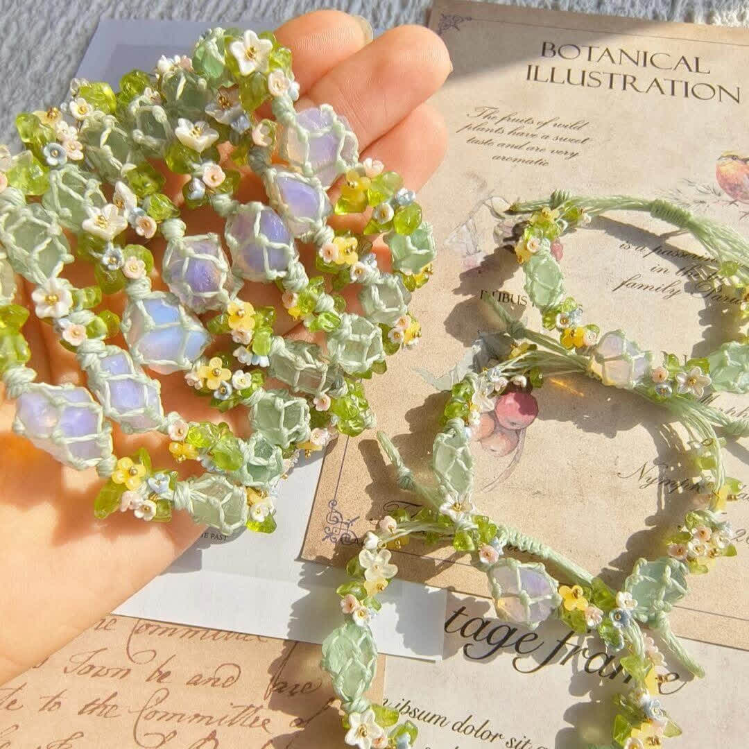 Olivenorma Green Fluorite Opalite Crystal Braided Flower Bracelet