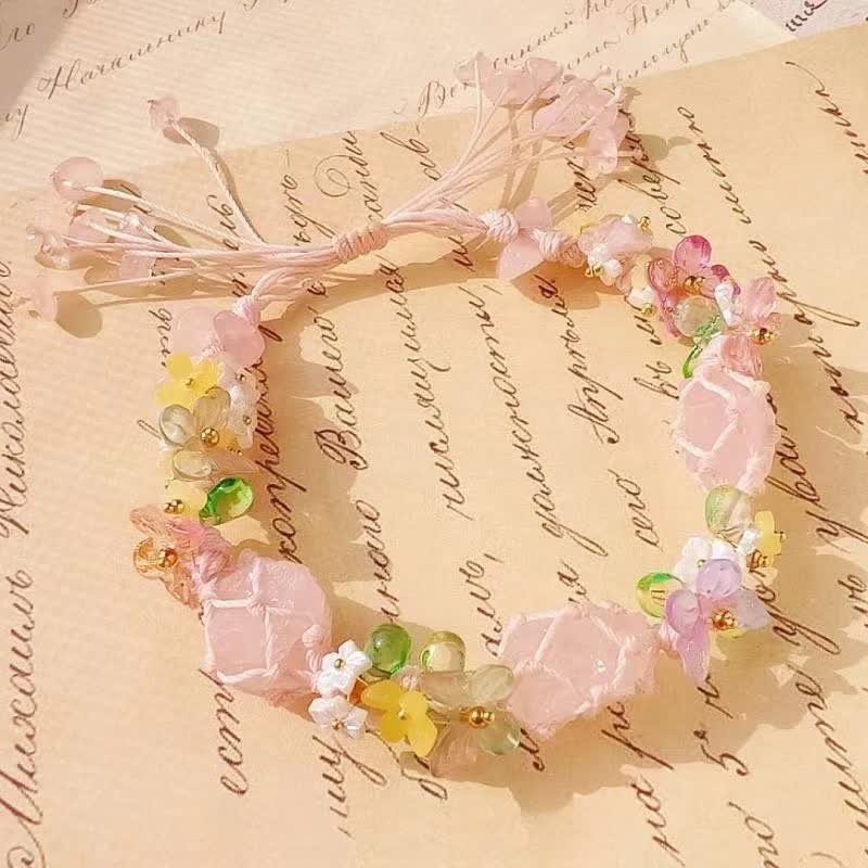 Olivenorma Handcrafted Rose Quartz Braided Flower Bracelet