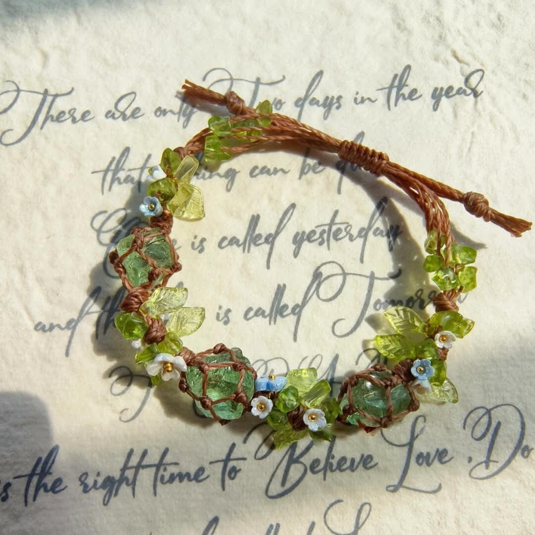 Olivenorma Green Fluorite Peridot Stone Braided Flower Bracelet