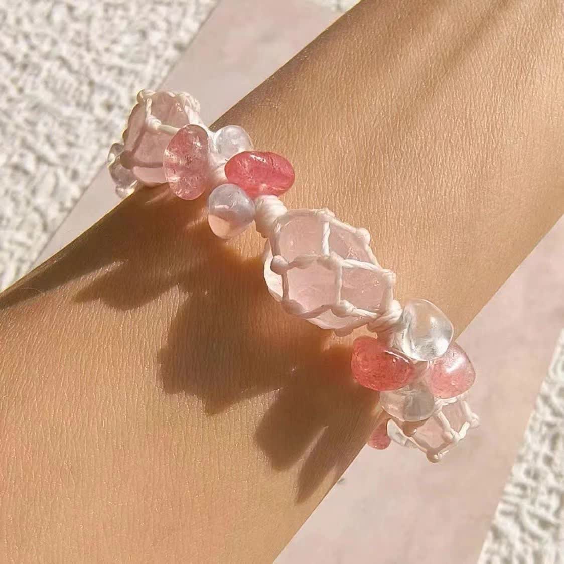 Olivenorma Strawberry Quartz Crystal Braided Flower Bracelet