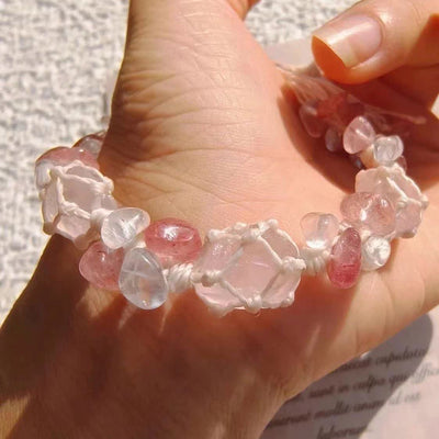 Olivenorma Strawberry Quartz Crystal Braided Flower Bracelet