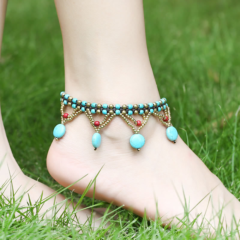 Olivenorma Bohemian Turquoise Woven Beaded Chain Anklet