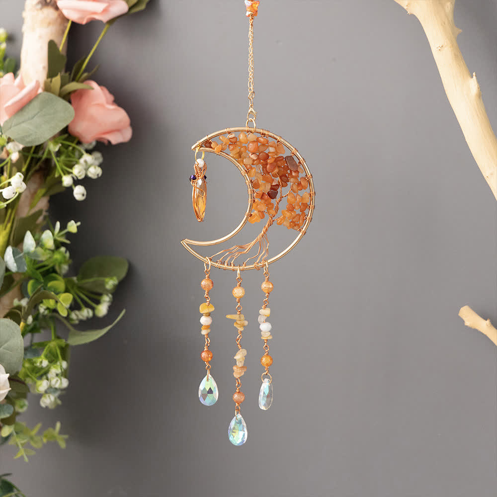 Olivenorma Red Agate Beads Tree of Life Moon Wind Chime