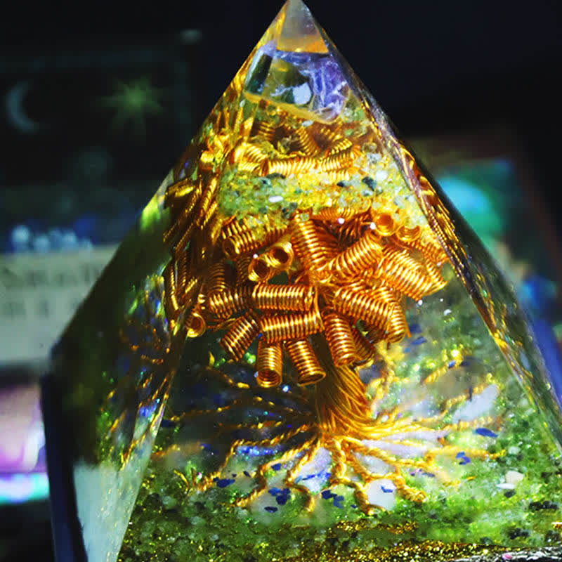 Olivenorma Fluorite Peridot Gold Copper Wire Tree Orgone Pyramid