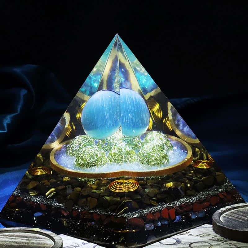 Olivenorma 14cm Blue Cat's Eye Stone Orgone Pyramid