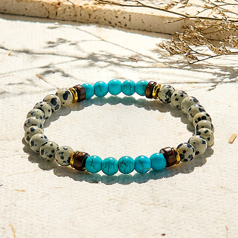 Olivenorma Natural Dalmatian Jasper Turquoise Beaded Bracelet