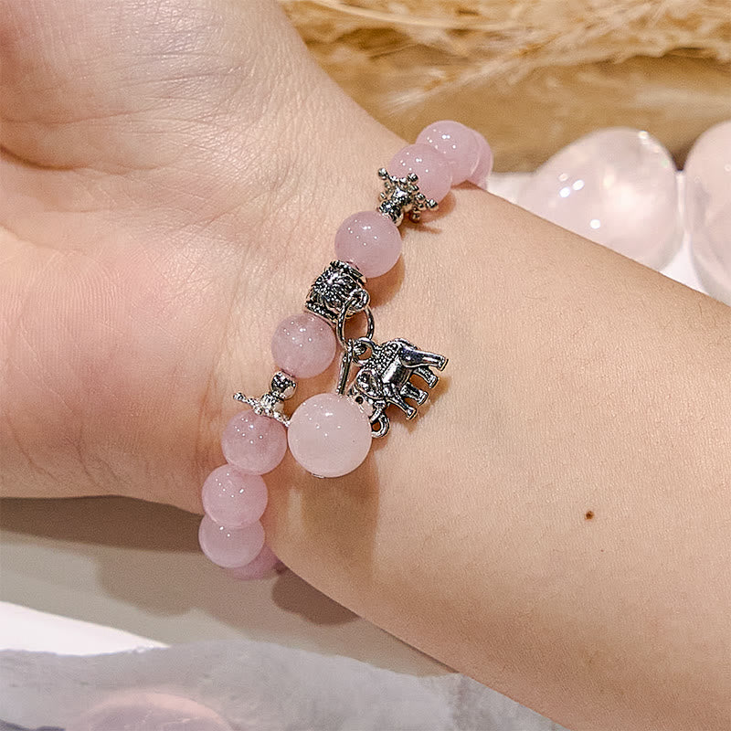 Olivenorma Rose Quartz Elephant Charm Beaded Bracelet